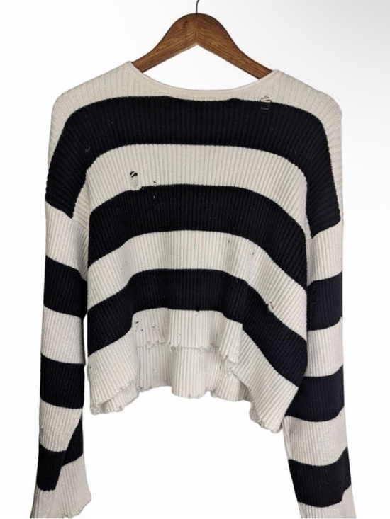 Princess Polly Sweaters - Princess Polly Striped Black and White Distressed Knit Sweater